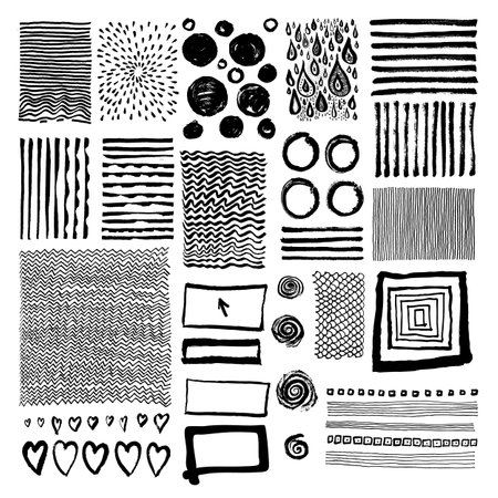 Vector set of grungy hand drawn textures on white background. Lines, circles, crosses, smears, spirals, waves, spirals, scales, hearts, brush strokes, drops, sunbursts, squares. hand drawn elementsのイラスト素材