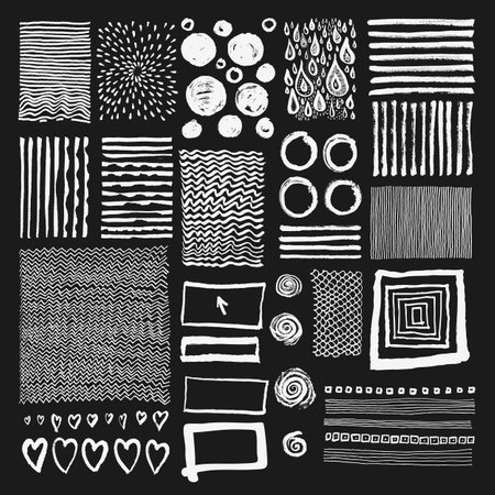 Set of grungy hand drawn textures on black background. Lines, circles, crosses, smears and spiral kit. Arrows, waves, spirals, scales, hearts, brush strokes collection. Drops, sunbursts, squares hand drawn elementsのイラスト素材