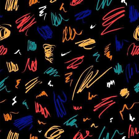 Seamless pattern with colorful expressive artistic grungy hand drawn lines, smears, scribbles, waves, brush strokes. Vivid optimistic party backdrop, wrapping paper, web backgroundのイラスト素材
