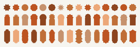 Set of Ramadan Kareem mosque gates, doors and windows. Oriental style Islamic arches, labels. Flat design Moroccan simple shapes. Indian architecture frames. Muslim iconsのイラスト素材