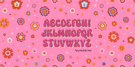 Cute psychedelic font on hippie smiling daisy flowers pink background. Cool retro kids design. Groovy vintage 60s 70s style typeface alphabet letters. Hand drawn nostalgic retro acid ABCのイラスト素材