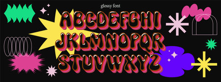 Groovy psychedelic shiny alphabet. Contemporary funky hand drawn trippy font. Simple geometric y2k shapes backdrop. Liquid shape ABC. Crazy dope fluid type face. 70s hippie lettersのイラスト素材