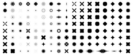 Star icons set. Modern abstract graphic shapes. Y2k geometric figures, symbols. Retro futuristic minimal flat flowers, stars. Bold design elements. Brutalist ray silhouette collectionのイラスト素材