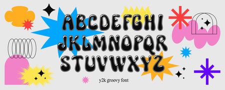 Y2k groovy psychedelic font. Modern retro fun hand drawn curvy alphabet. Trippy simple geometric elements. Liquid Shape ABC. Dope euphoria type face. Risograph color hippie lettersのイラスト素材