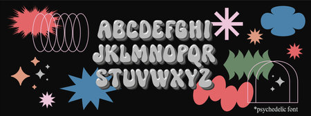 Groovy psychedelic alphabet. Contemporary funky hand drawn trippy font. Simple geometric y2k shapes backdrop. Glossy gray volume ABC. Crazy dope euphoria type face. positive vibes hippie lettersのイラスト素材
