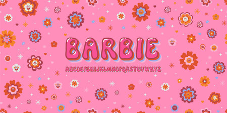 Cute psychedelic font. Hippie smiling daisy flowers pink baby girl 2000s background. Cool retro y2k kids design. Groovy vintage 60s 70s style typeface alphabet letters. Hand drawn nostalgic retro ABCのイラスト素材