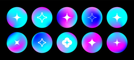 Round holographic gradient set. Vivid neon circles, buttons, spheres. Trendy fluid blurred icons or labels for mobile app, screen or print. Colorful circle mesh gradient UX elements packのイラスト素材