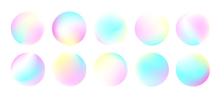 Round holographic gradient set. Light pastel circles, buttons, spheres. Trendy fluid blurred icons or labels for mobile app, screen or print. Colorful circle mesh gradient UX elements packのイラスト素材