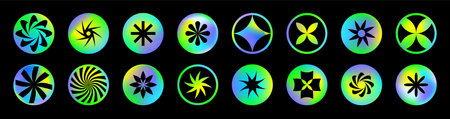 Round y2k holographic gradient set. Vivid neon green color circles, buttons, spheres. Highlight covers with abstract symbols, stars, sparks, flowers. Trendy fluid blurred icons or labelsのイラスト素材