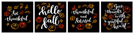 Thanksgiving cards: Hello Fall. Thankful and Blessed. Be Thankful. Give Thanks with A Grateful Heart. Set of Autumn and Thanksgiving modern calligraphic hand drawn quote vintage greeting cardsのイラスト素材