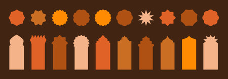 Set of flat mosque gates, doors and windows. Oriental style Islamic arches, labels, logo templates. Morocco inspired simple shapes. Indian architecture icons. Muslim frames. Lantern shapesのイラスト素材