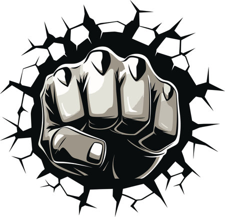 Cartoon Heroics Black Logo with Punching Fist Impactful Expression Vector Icon in Blackのイラスト素材