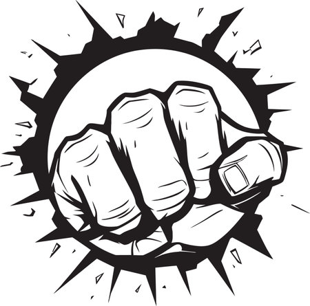 Exquisite Force Art Fist and Wall in Black Vector Cartoon Heroics Black Logo with Punching Fistのイラスト素材