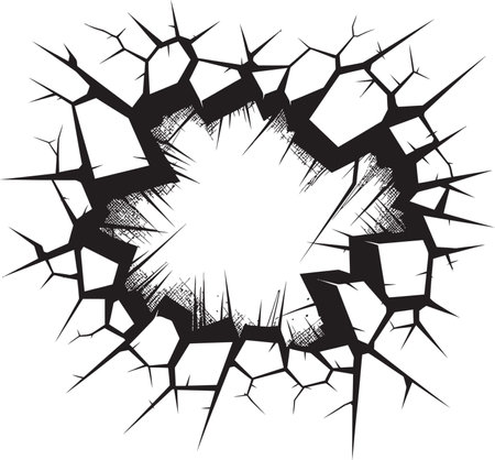Iconic Breakthrough Comic Book Broken Wall Logo Action Packed Art Black Broken Wall Logo Vector Iconのイラスト素材
