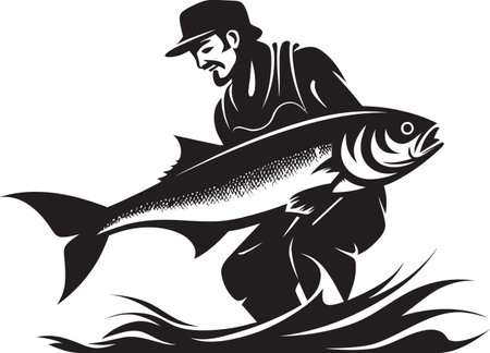 Fisherman Black Vector Logo Timeless Symbol of Hard Work Sleek Fisherman Logo Design Bold and Modernのイラスト素材