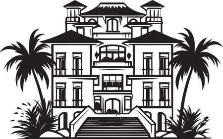 Dynamic Cityscape Sketch Cartoon Building Vector Logo Icon Regal Palace Cartoon Vector Logo Icon of Royal Residenceのイラスト素材