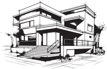 Pair House Sketch Duplex Design Vector Icon Concept Twin Domicile Impression Duplex House Sketch in Vector Logoのイラスト素材