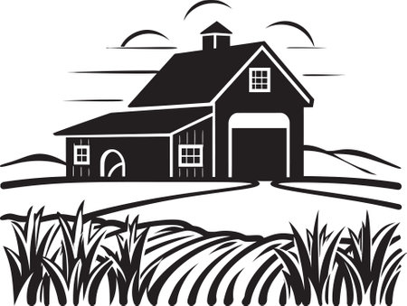 Agrarian Abode Blueprint Farmhouse Design Vector Logo Pastoral Residence Mark Farmers House Vector Iconのイラスト素材