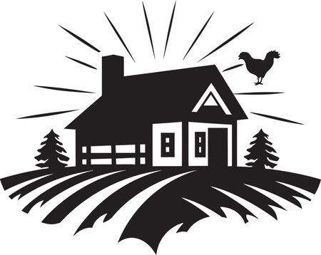 Harvest Homestead Icon Farmers House Design in Vector Agrarian Homestead Emblem Farmhouse Design Vector Iconのイラスト素材