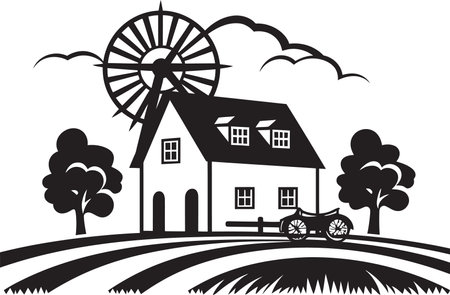 Agrarian Homestead Emblem Farmhouse Design Vector Icon Rustic Farm Abode Mark Farmers House Vector Logoのイラスト素材