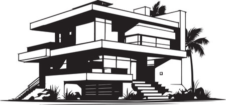 Vogue Living Vision Modern House Idea Vector Emblem Urban Chic Dwell Stylish Modern House Design Vector Emblemのイラスト素材