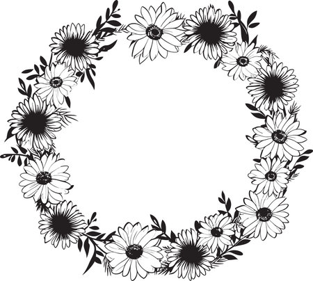 Sleek Floral Frame Daisy Flower Black Logo Intertwined Daisy Petals Black Vector Logo Designのイラスト素材