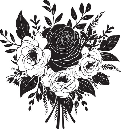 Whispering Bouquet Medley Decorative Black Vector Emblem Regal Bloom Assembly Black Icon Designのイラスト素材