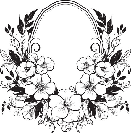 Timeless Elegance Black Floral Icon Design Graceful Blooms Vector Logo with Frameのイラスト素材