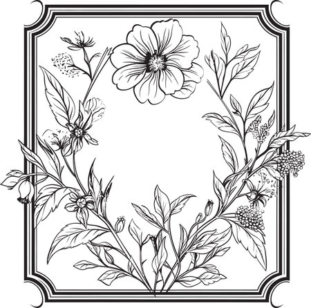 Enchanting Bouquet Black Frame Logo Intricate Botanics Floral Vector Icon Designのイラスト素材