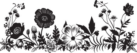 Sophisticated Hand Drawn Pattern Black Vector Subtle Floral Scroll Iconic Logo Elementのイラスト素材