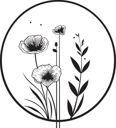 Simplicity in Bloom Handcrafted Noir Logo Emblem Chic Hand Rendered Florals Minimal Black Icon Designのイラスト素材
