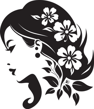 Artistic Petal Beauty Black Floral Face Icon Minimalist Floral Profile Vector Woman Emblemのイラスト素材