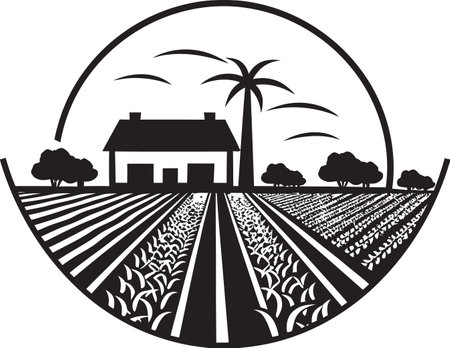 Fields of Tranquility Agricultural Farmhouse Emblem Rural Haven Black Vector Logo for Farm Lifeのイラスト素材