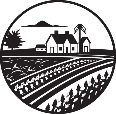 Rustic Serenity Agricultural Farmhouse Emblem Farmland Essence Black Vector Logo for Farmsのイラスト素材