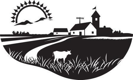 Countryside Charm Black Vector Logo for Farms Rustic Horizon Agricultural Farmhouse Emblem in Vectorのイラスト素材