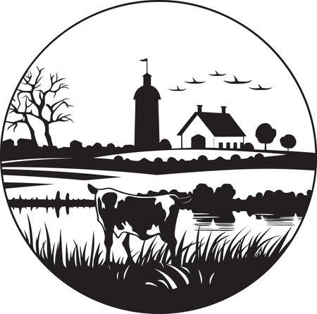 Agrarian Oasis Agricultural Farmhouse Icon Rustic Horizon Black Vector Logo for Homesteadsのイラスト素材