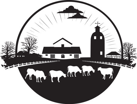 Countryside Heritage Black Vector Logo for Farms Homestead Horizon Agricultural Farmhouse Emblemのイラスト素材