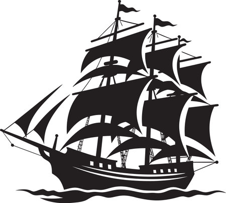 Vintage Mariners Black Ship Vector Aged Journey Ancient Ship Emblemのイラスト素材