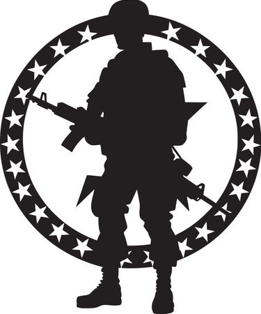 Heroic Resolve Black Armed Soldier Logo Design Vigilant Protector Vector Armyman Black Iconのイラスト素材