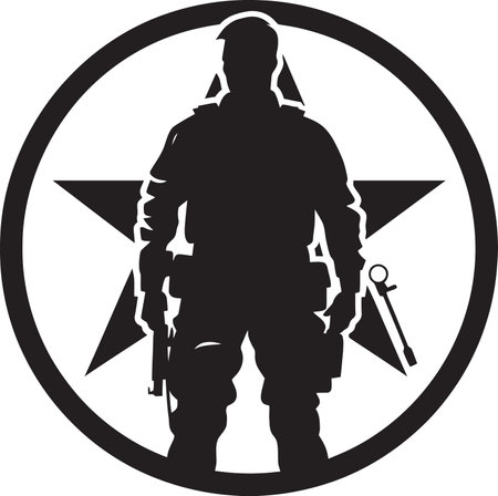 Battle Ready Sentinel Black Logo of an Armed Warrior Strategic Vigilance Vector Black Armyman Iconのイラスト素材