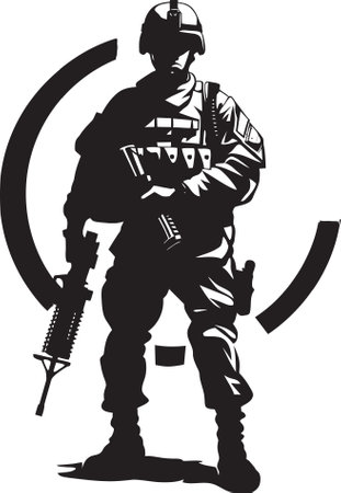 Combat Ready Guardian Armed Soldier Emblem in Black Tactical Defender Armyman Vector Logo Icon Designのイラスト素材