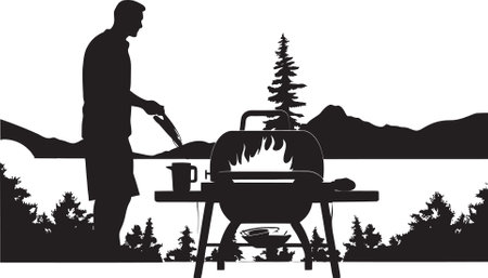 GrillGlyphix Man Grilling Vector Symbol Savory Silhouette Black BBQ Logo in Vectorのイラスト素材