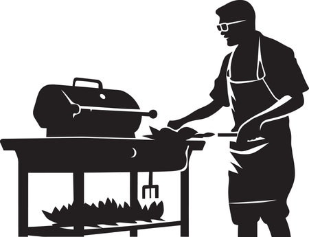 Vector Flames Man Barbequeing Emblem BBQ Elevation Black Vector Logo Creationのイラスト素材