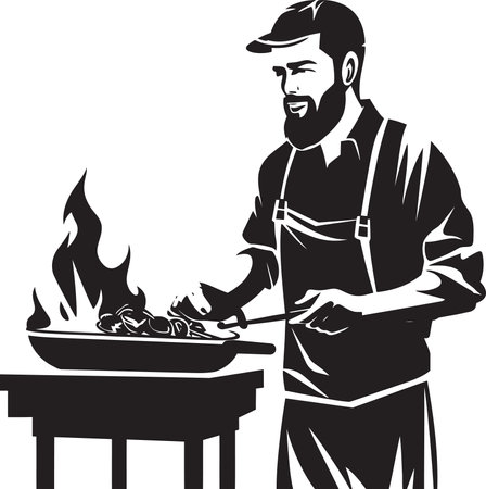 Flame Fusion Black Vector BBQ Emblem GrillGlyphix Man Grilling Vector Logoのイラスト素材