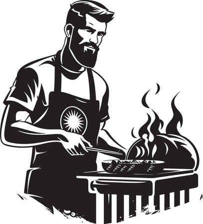 Vector Smoke Serenade Man BBQ Icon Flame Forge Black Vector BBQ Designのイラスト素材