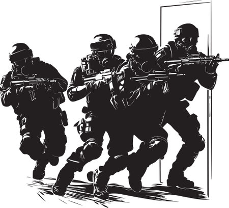 Rapid Entry Force SWAT Team Door Kick Icon Strategic Intrusion Black Vector Door Kick Logoのイラスト素材