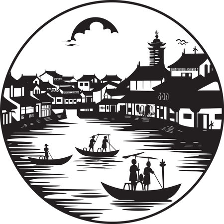 Riverside Serenity Black Vector Design Vintage Riverbank Elegance Town Black Vector Symbolのイラスト素材