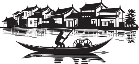 Vintage Riverside Portrait Black Vector Logo Black Vector Riverfront Serenade Vintage Town Emblemのイラスト素材