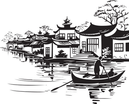 Serene Riverside Charm Vintage Town Icon Riverbank Tapestry Black Vector Logoのイラスト素材