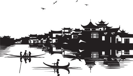 Riverside Solace Black Vector Logo Vintage Town Vignettes Black Vector Designのイラスト素材